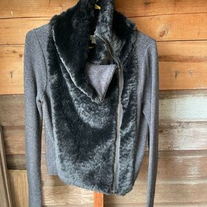 LOFT Black and Gray Faux Fur Sweater